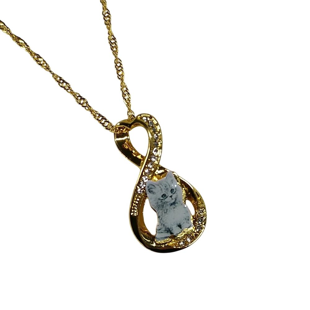 Gold Plated Infinity Heart Cat Charm with Chain Animal Print Necklace